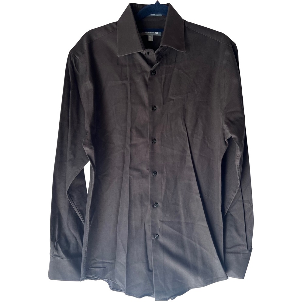 Nordstrom Mens Dress Shirt 14.5 32/33 Trim Fit Brown Herringbone Non Iron